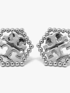 Tory Burch Silver-Tone Logo Beaded Stud Earrings